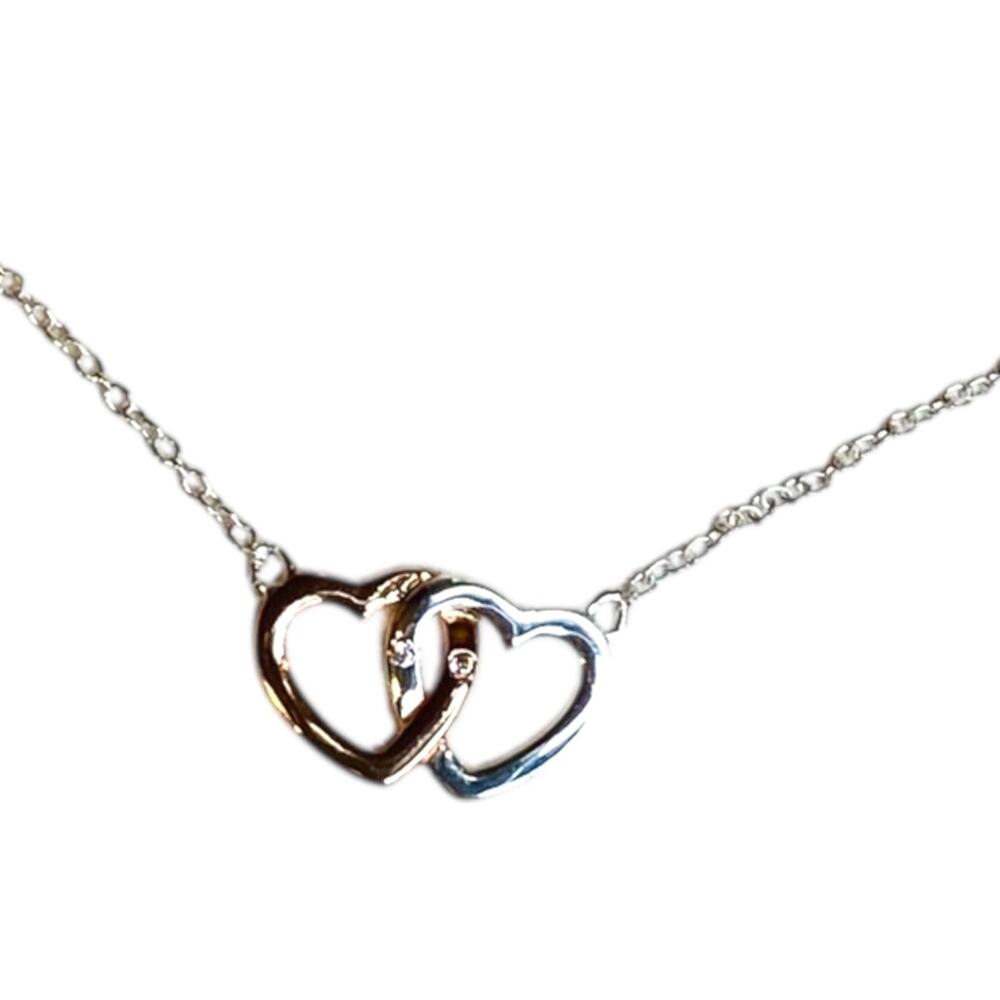 Silvertone Delicate Chain Necklace‎ 18" Interlocking Hearts Copper Color